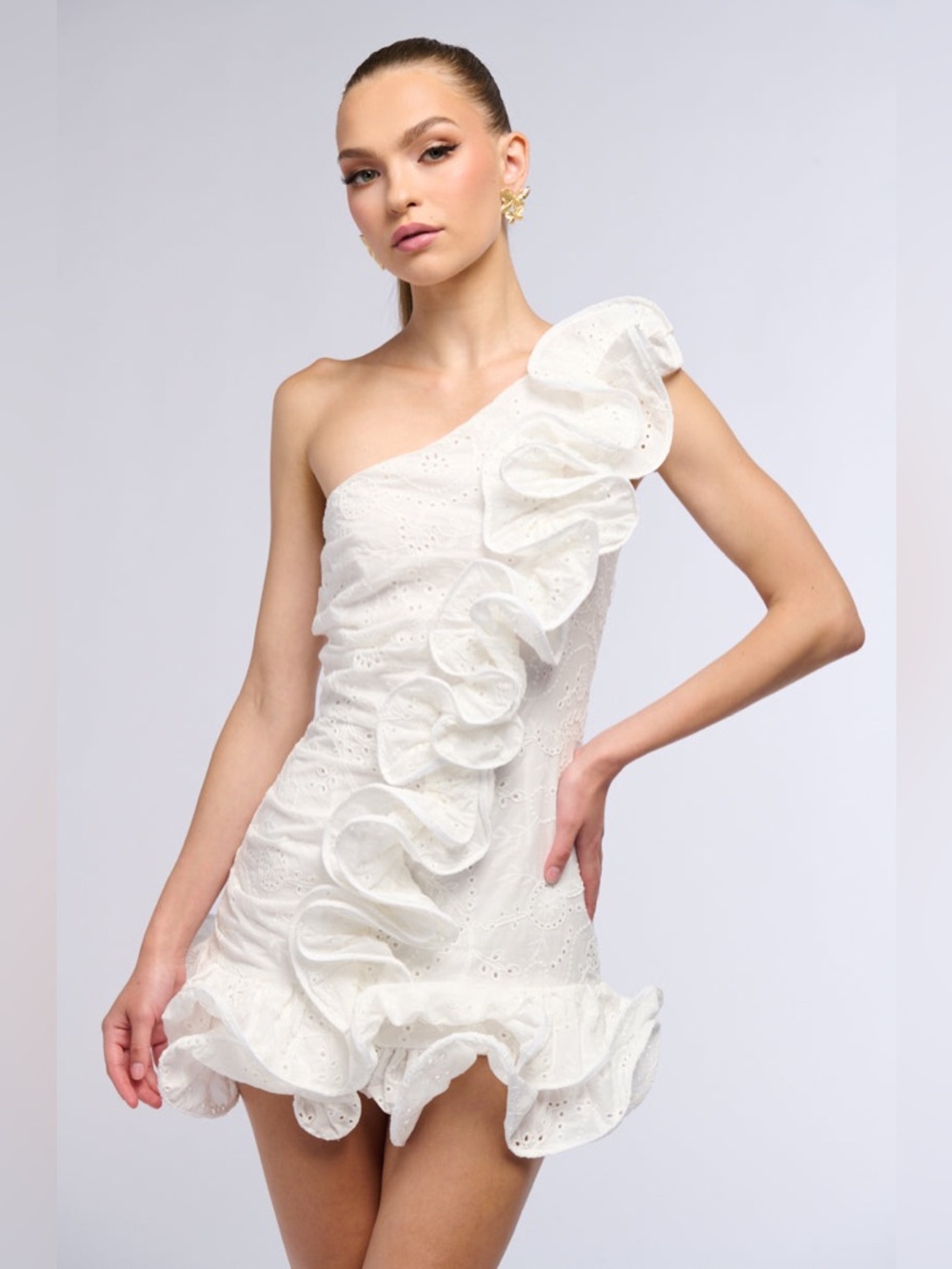 AKIRA White One-Shoulder Ruffle Eyelet Mini Dress
